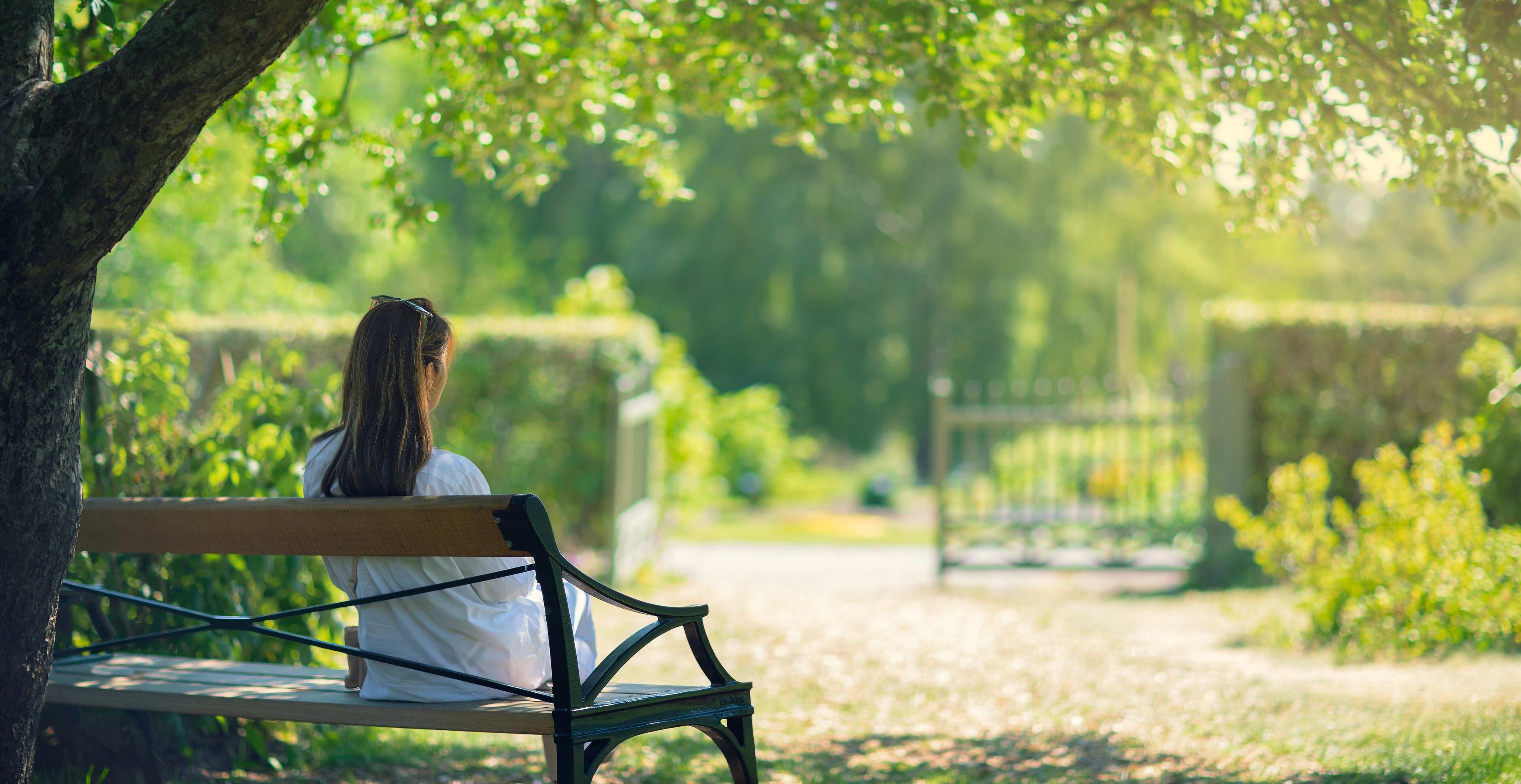 A woman sits quietly on a bench in a park while enjoying the sun and nature around her.