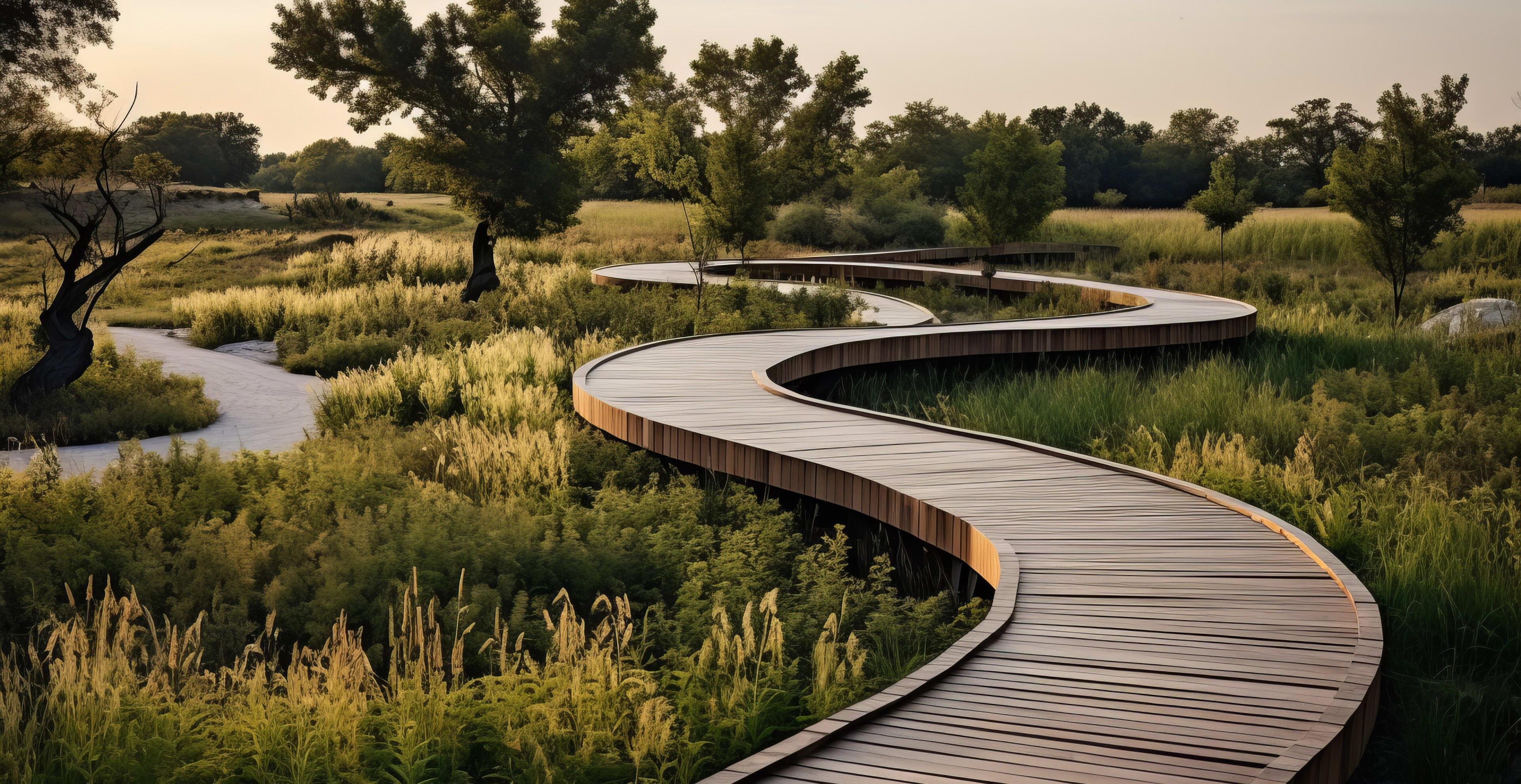 People walk on a curved wooden path surrounded by green plants and trees during sunset.