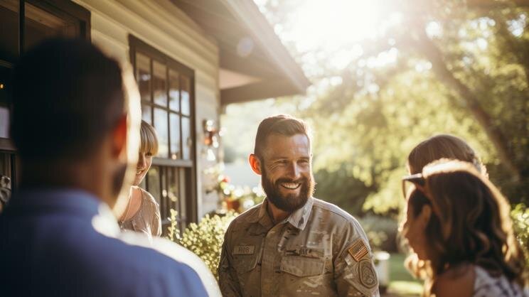Group of friends laughing and chatting outside during a bright sunny day in a scenic location.