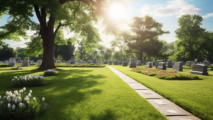 Warm sunlight filters through trees in a tranquil cemetery, highlighting verdant grass and flowers.