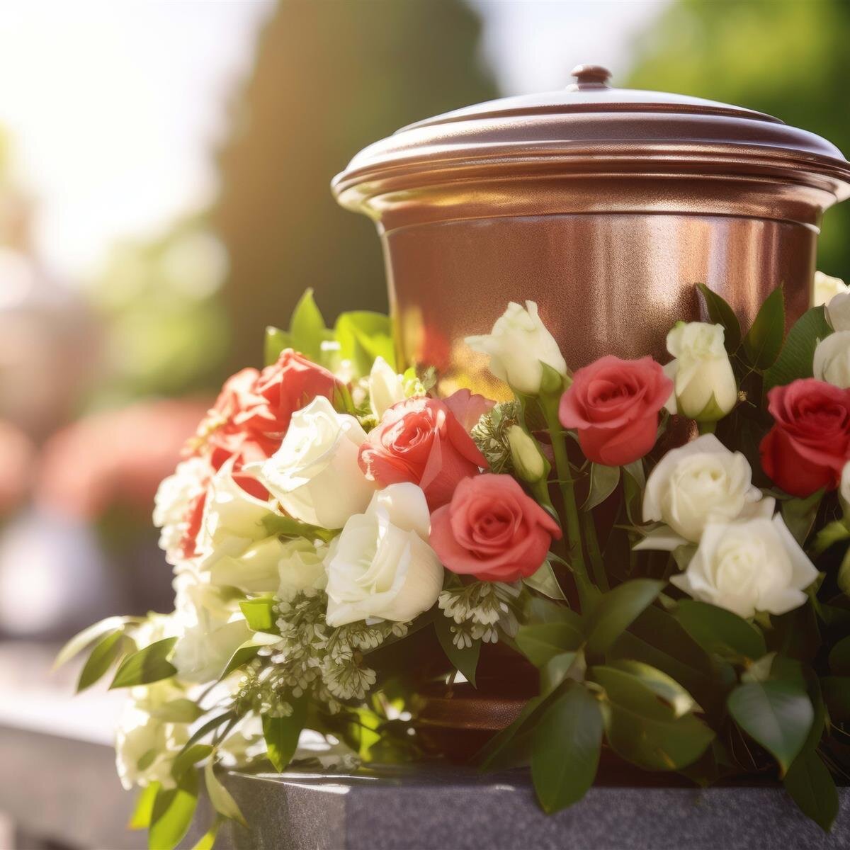 Colorful roses and white flowers adorn a memorial urn in a tranquil garden at sunset.