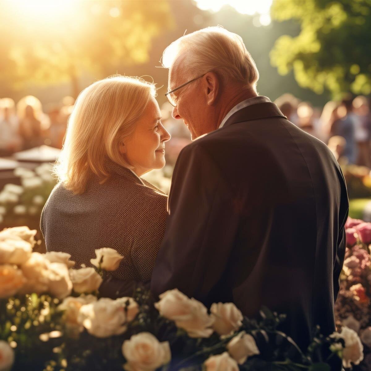 A couple shares an intimate moment in a vibrant garden filled with blooming flowers as the sun sets.