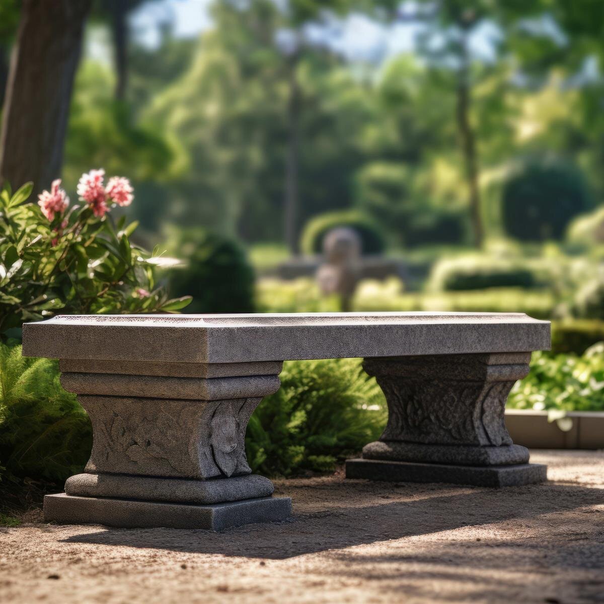 A stone bench surrounded by vibrant flowers and greenery in a peaceful garden setting.