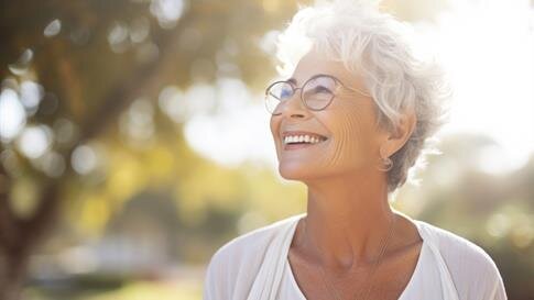 A woman with gray hair smiles while embracing the warmth of a sunny afternoon in a park.