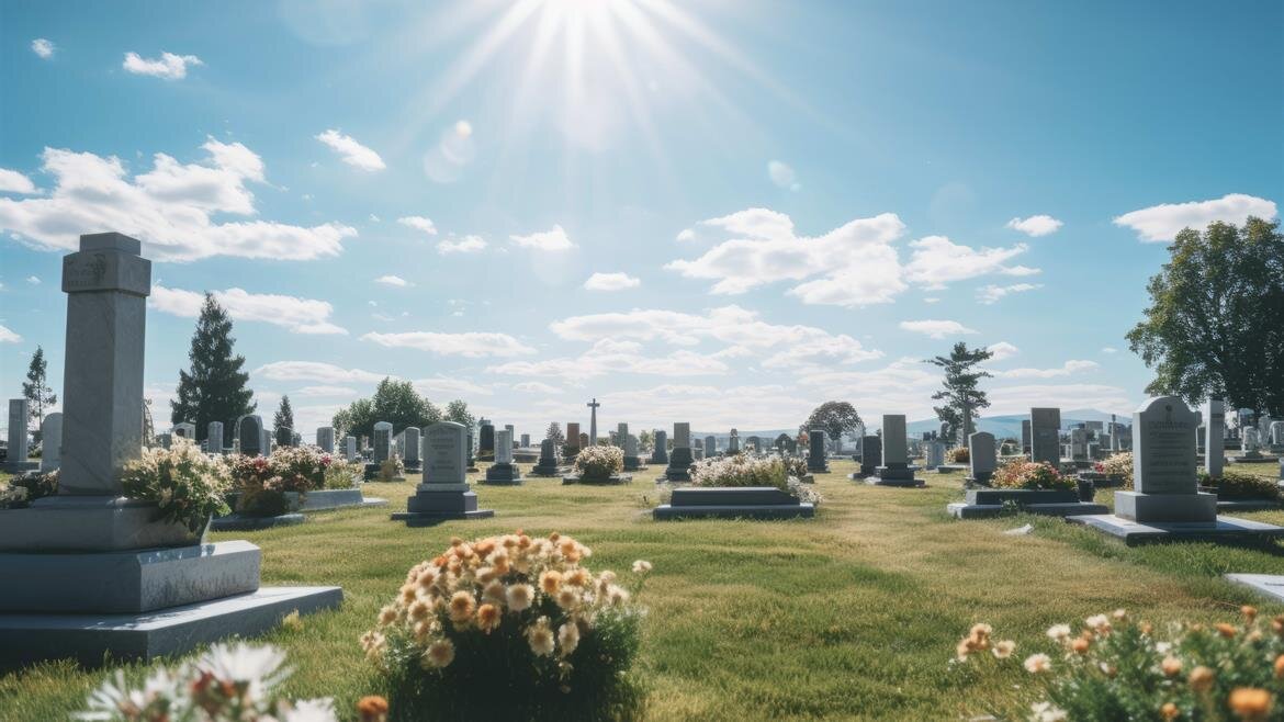 Bright sun illuminates a serene cemetery adorned with flowers and well-kept graves.