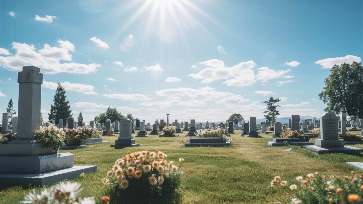 Bright sun illuminates a serene cemetery adorned with flowers and well-kept graves.