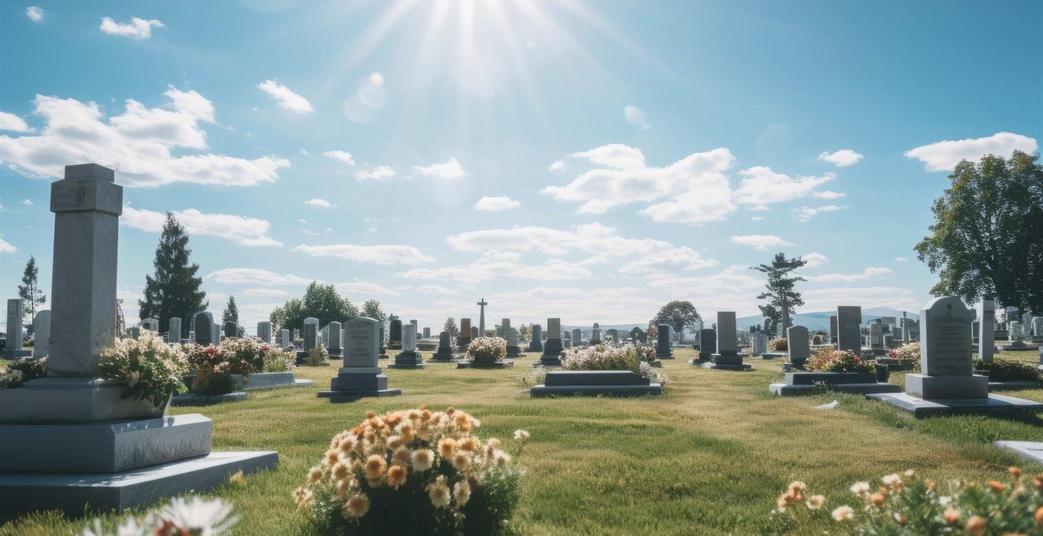 Bright sun illuminates a serene cemetery adorned with flowers and well-kept graves.