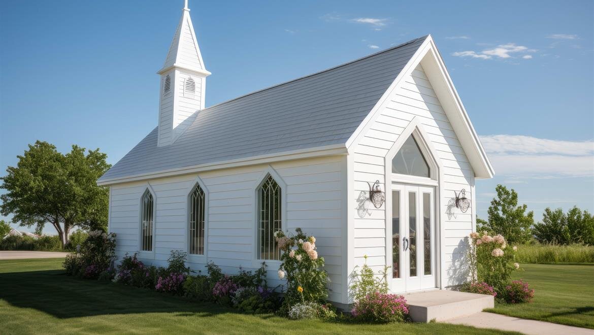 A small white church stands peacefully in a garden, bathed in sunlight, under a clear blue sky.