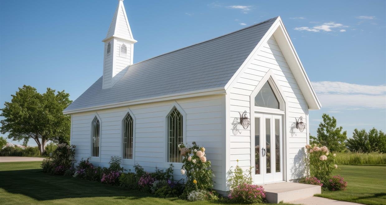 A small white church stands peacefully in a garden, bathed in sunlight, under a clear blue sky.