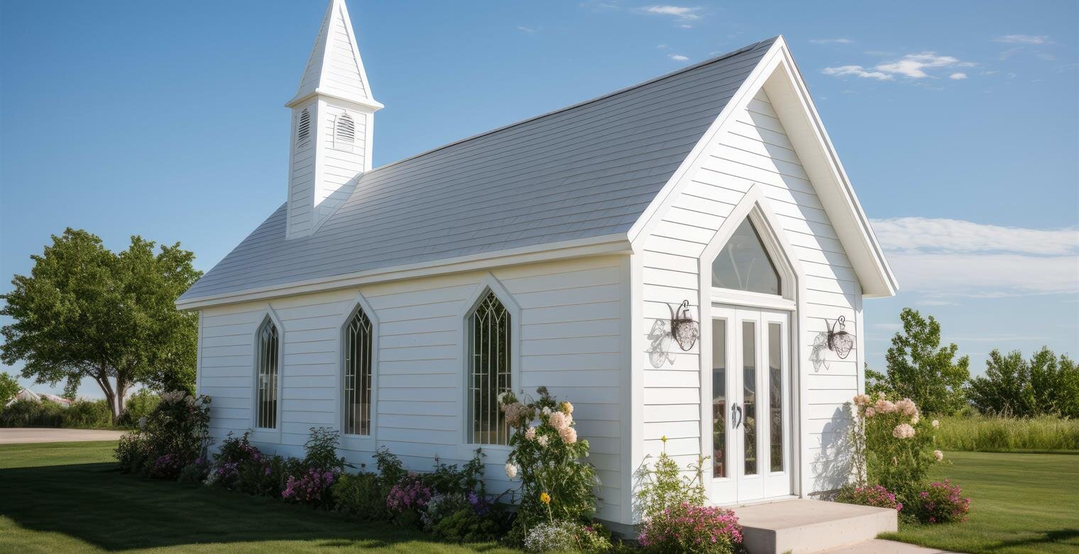 A small white church stands peacefully in a garden, bathed in sunlight, under a clear blue sky.