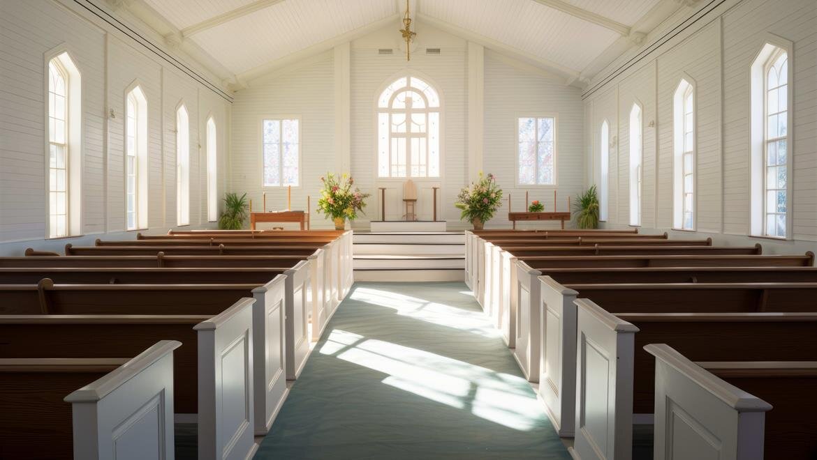 Sunlight fills the serene church interior, highlighting wooden pews and vibrant decorations.