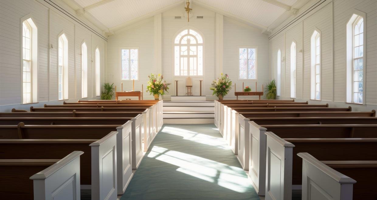 Sunlight fills the serene church interior, highlighting wooden pews and vibrant decorations.