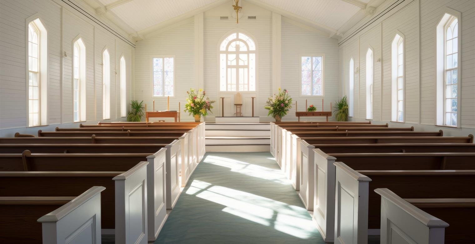 Sunlight fills the serene church interior, highlighting wooden pews and vibrant decorations.