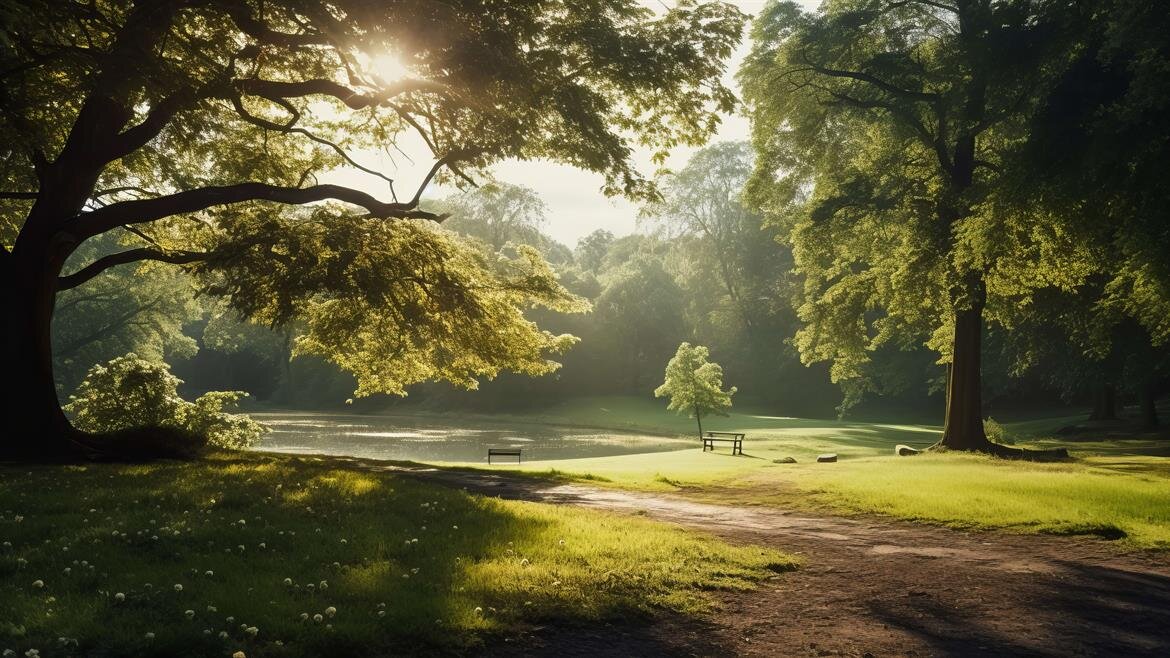 Sunlight filters through leaves in a peaceful forest during early morning hours.