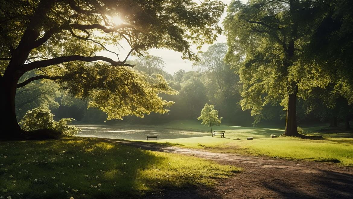 Sunlight filters through leaves in a peaceful forest during early morning hours.