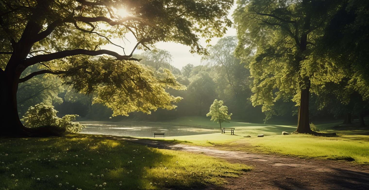 Sunlight filters through leaves in a peaceful forest during early morning hours.