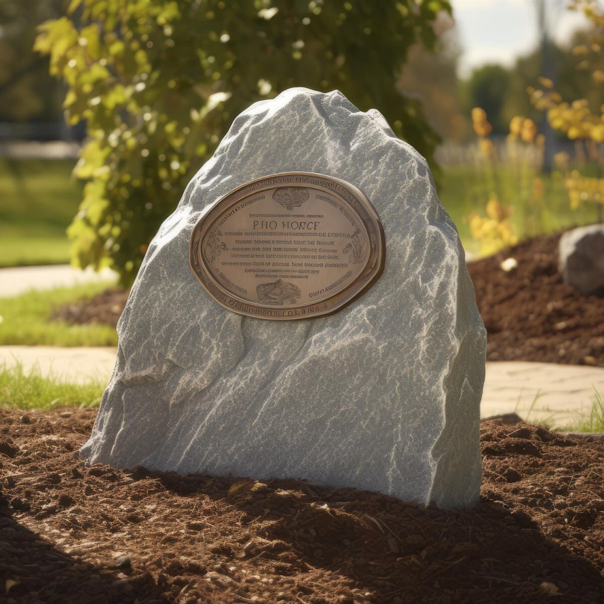 A memorial stone with an engraved plaque sits in a serene garden, illuminated by warm sunlight.
