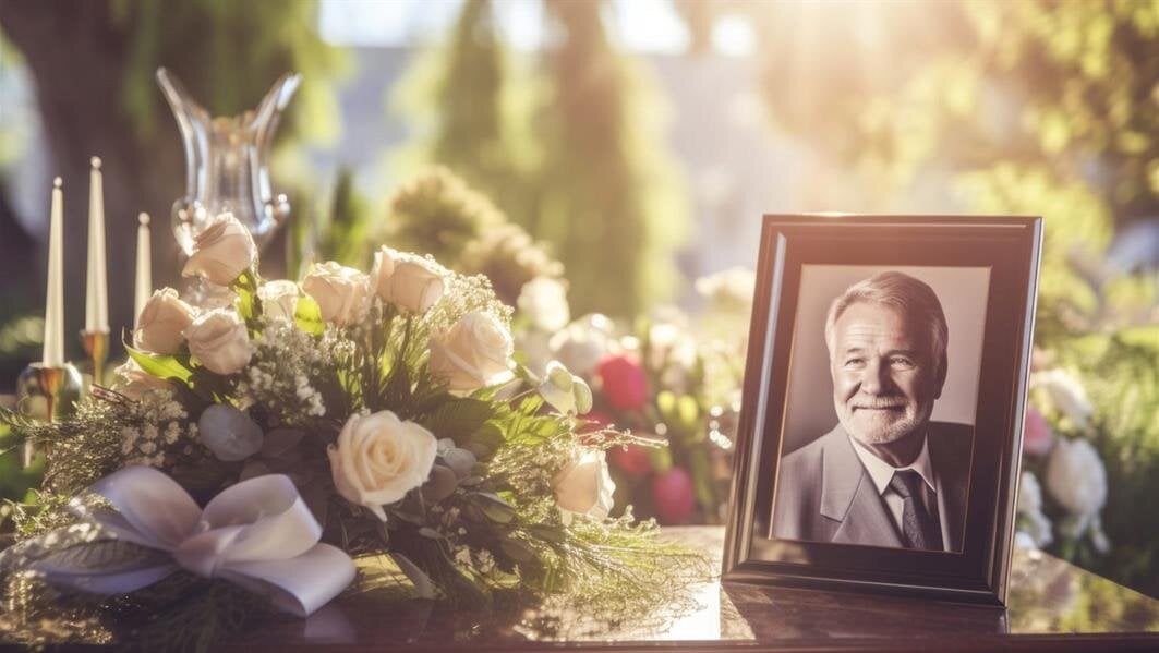 A tribute display featuring a portrait and fresh flowers in a peaceful garden during the day.