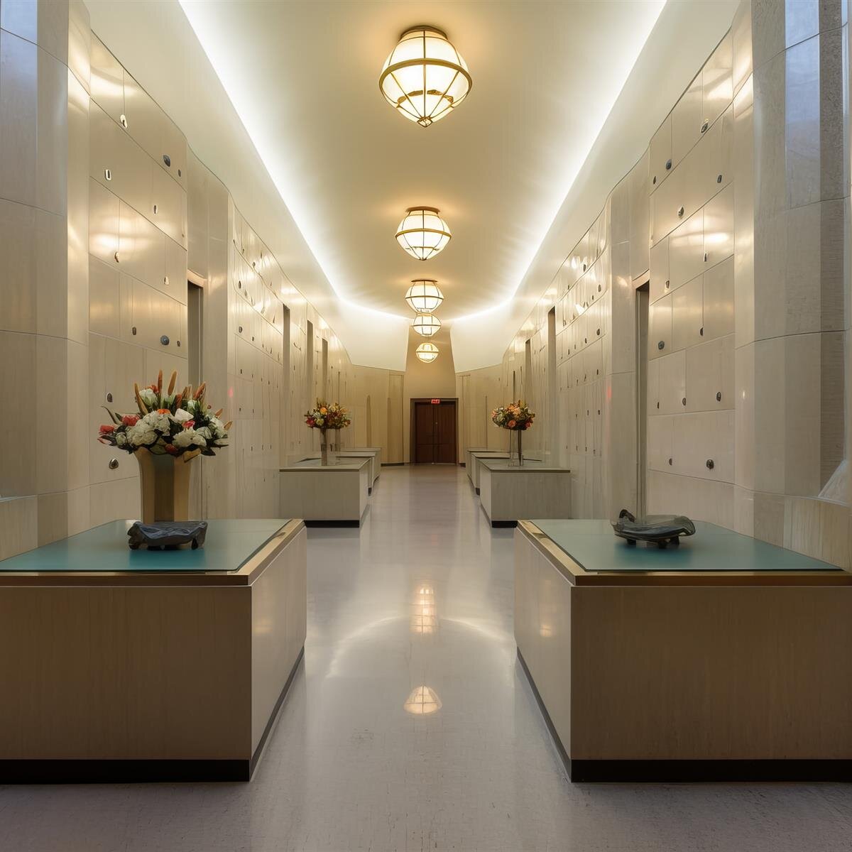A long hallway features stylish chandeliers, polished floors, and decorative plants.