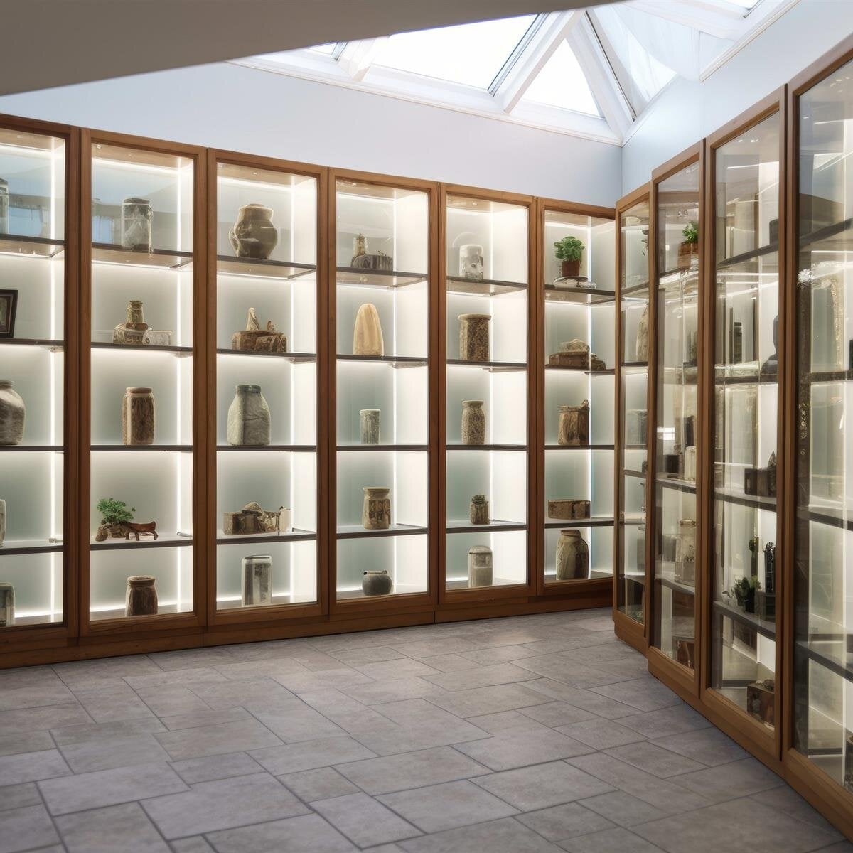 Visitors explore a contemporary display of glass artifacts in a stylish gallery setting.