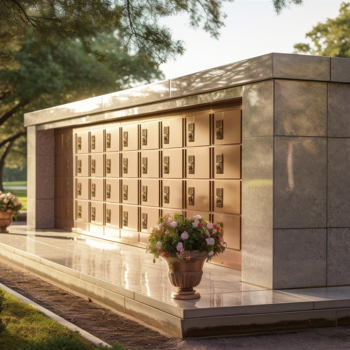 Visitors pay their respects at a mausoleum surrounded by trees and flowers in a cemetery.