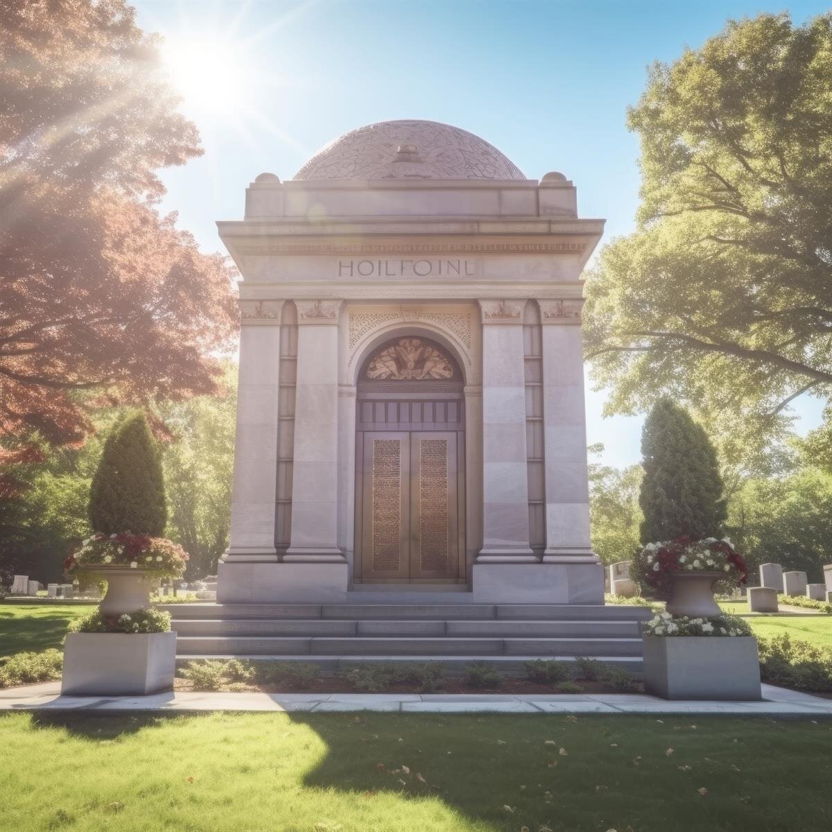 A circular building is located in a park with trees and flowers. Sunlight shines on the structure.