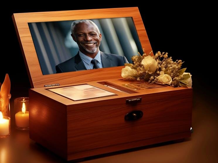 A wooden box holds a picture of a man, surrounded by flowers and lit candles for a memorial.