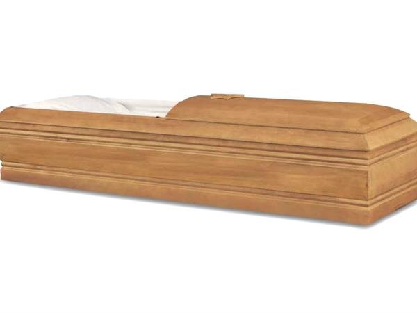wood color casket with round top