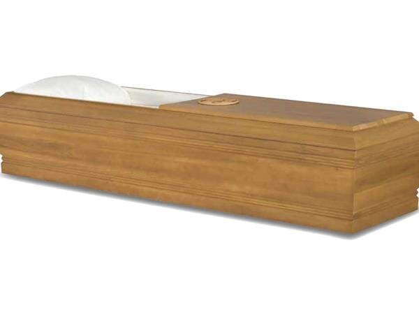 Wood color casket with flat top