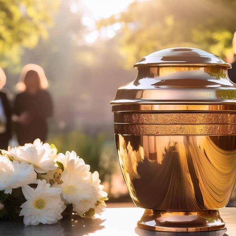 Family and friends quietly gather outdoors, surrounded by nature, to remember a lost loved one.