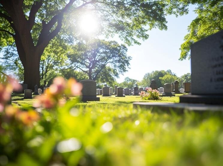 A cemetery with trees and grass