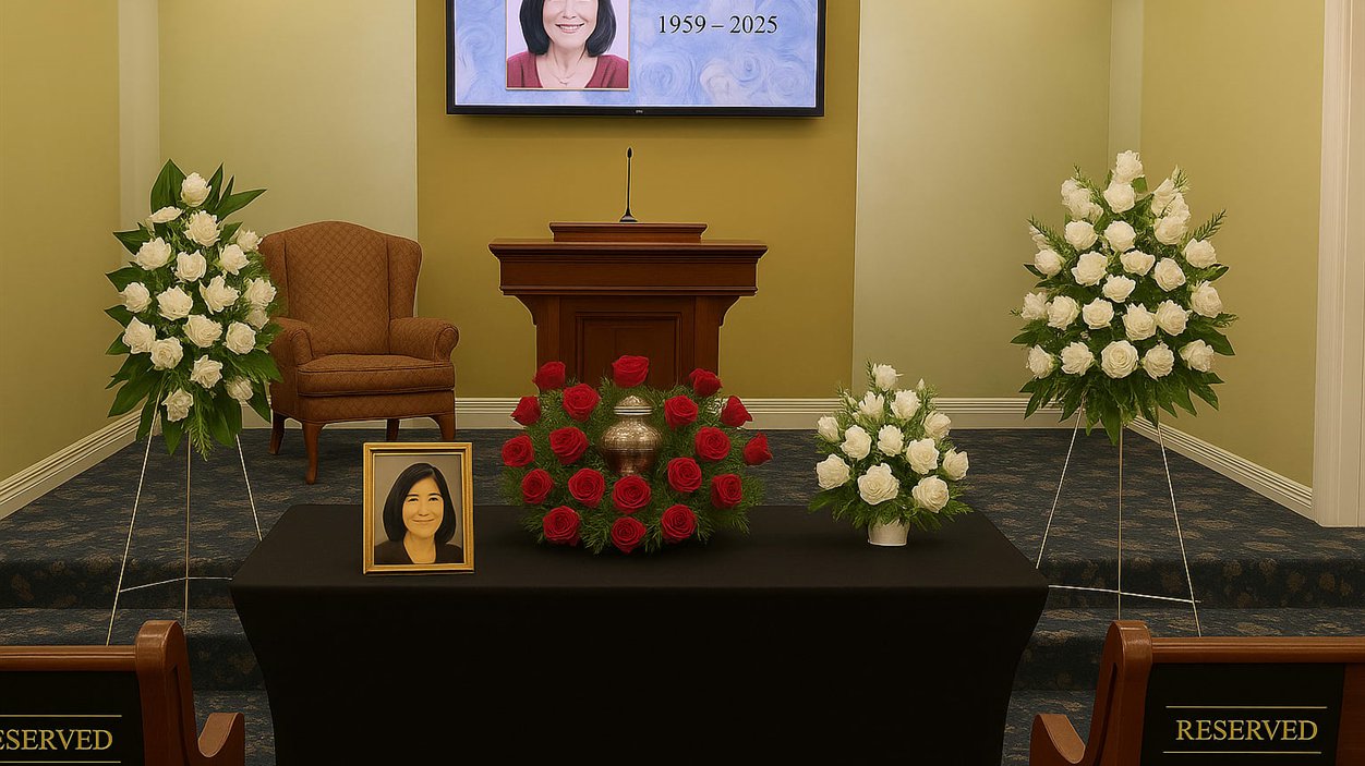 A memorial service takes place in a hall with flowers on each side and a photo displayed.