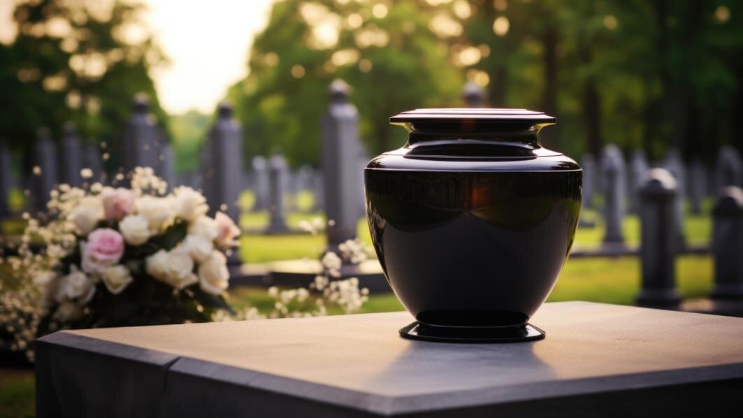 An urn is on a grave stone with flowers around it in a cemetery at sunset.
