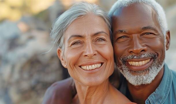 Two people smile together outdoors under a clear sky during a sunny day.