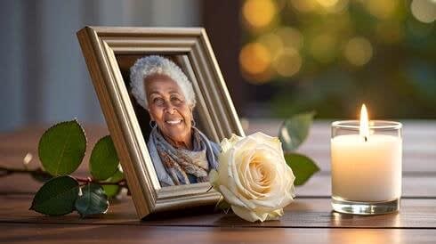 A woman in a picture frame next to a rose