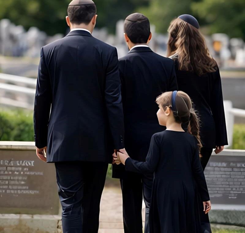 A family walks together through a cemetery while holding hands and remembering someone dear.