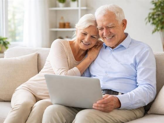 Two older adults sit on a couch and smile as they use a laptop in their living room.