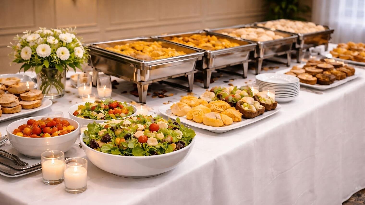 A buffet table full of food
