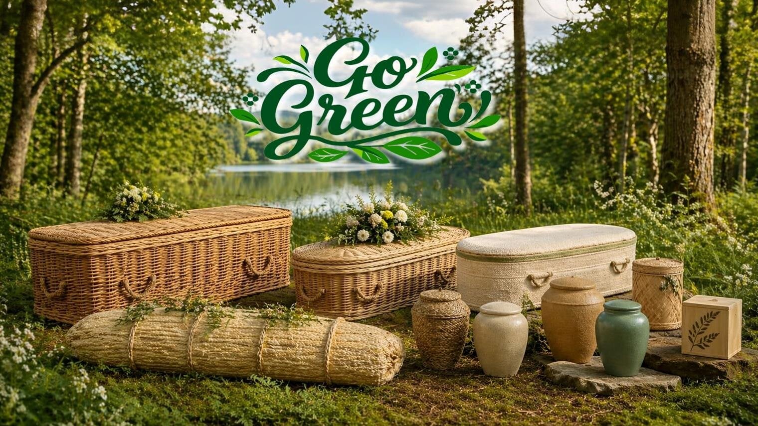 A group of caskets in a forest