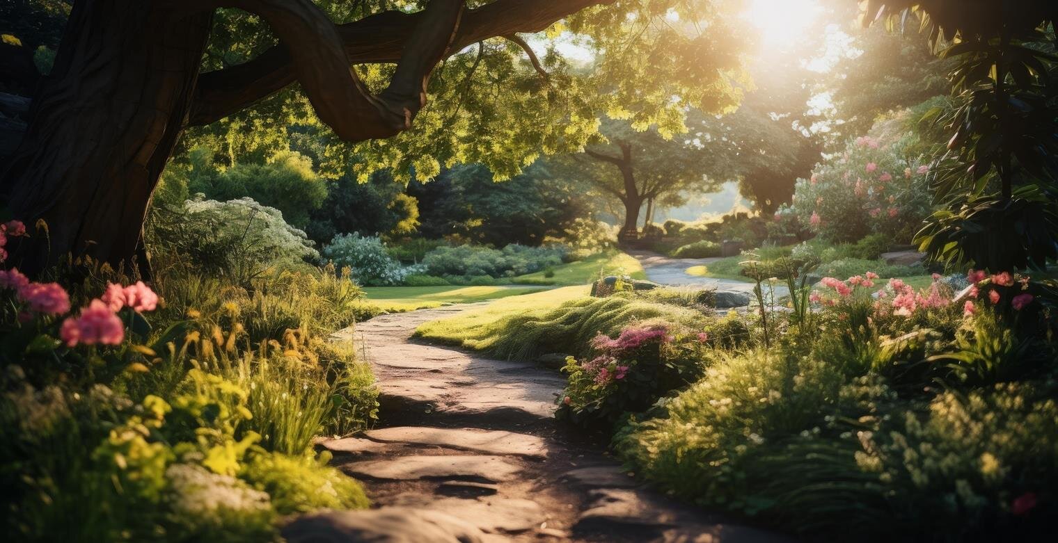 A path in a park with trees and plants