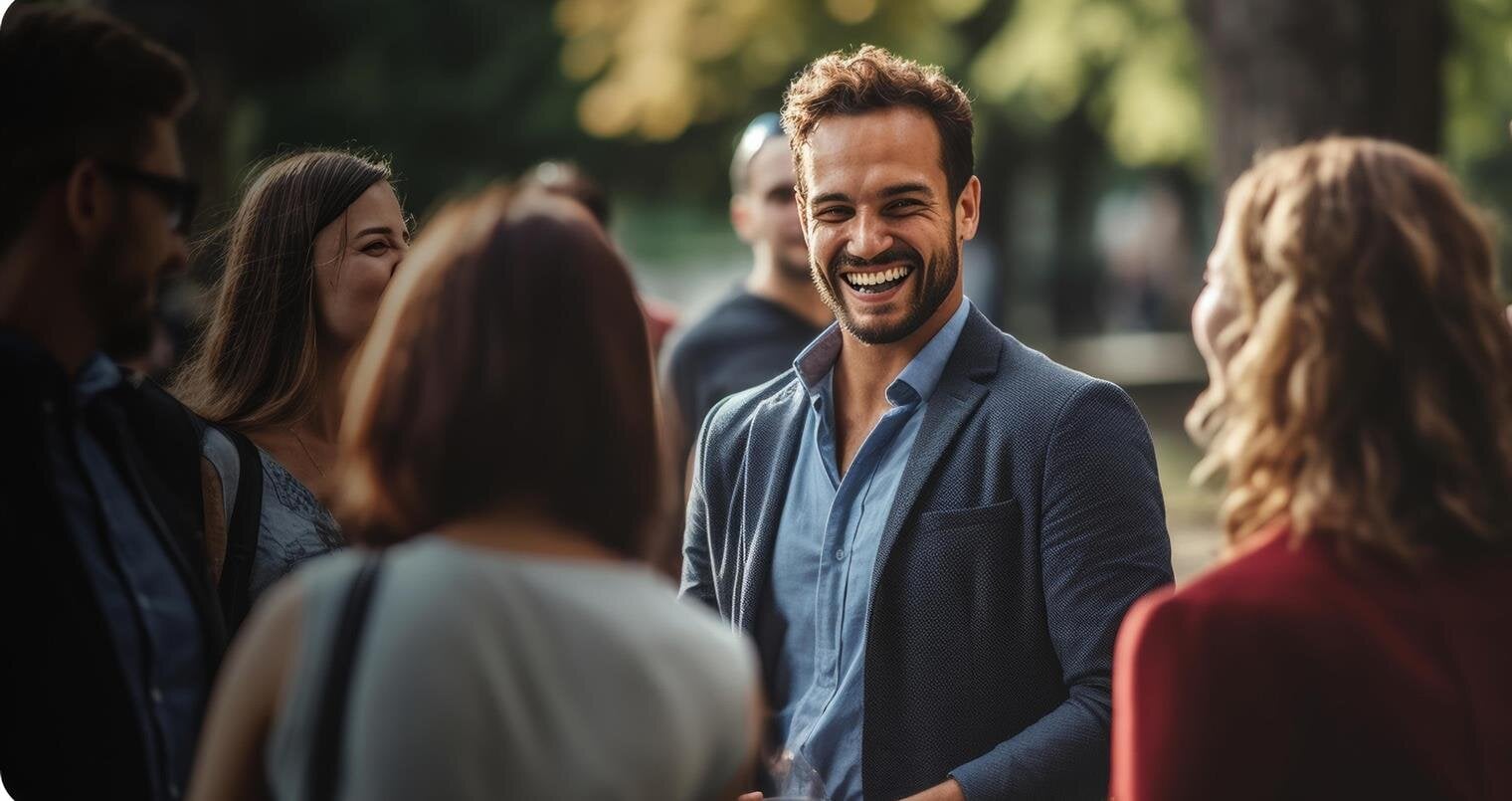A man laughing at a group of people