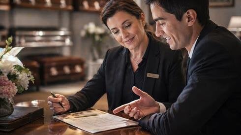 A man and woman looking at a document