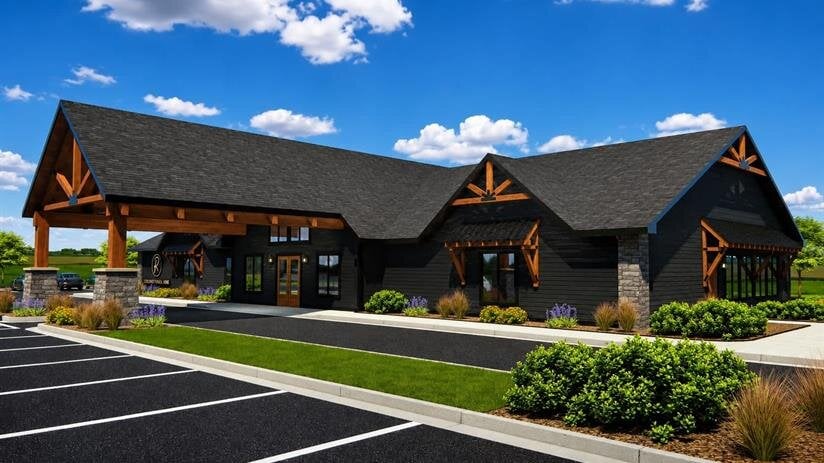 A building with a parking lot