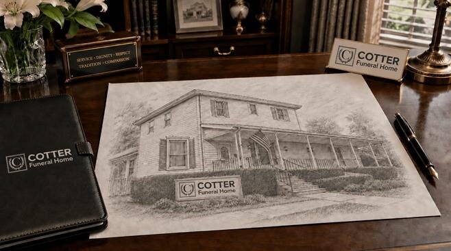 A drawing of a funeral home