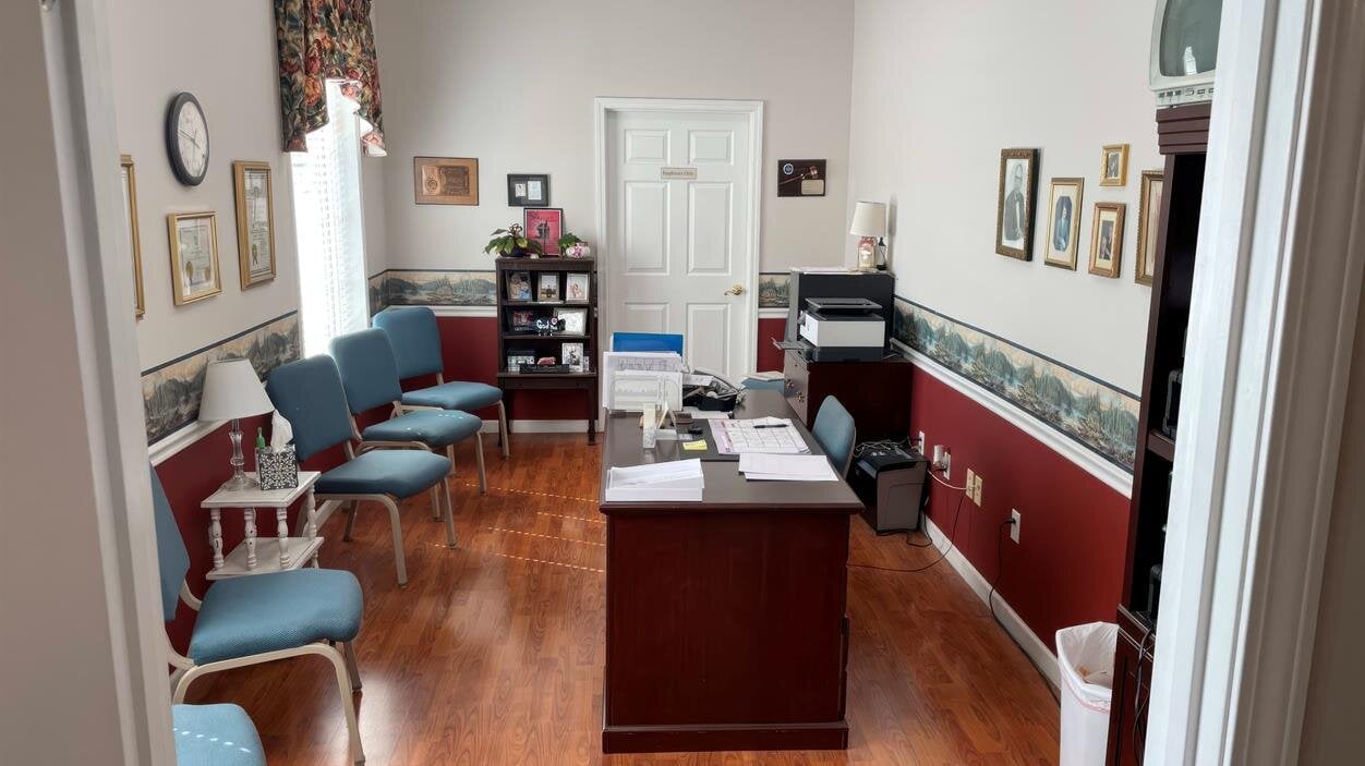 A room with a desk and chairs