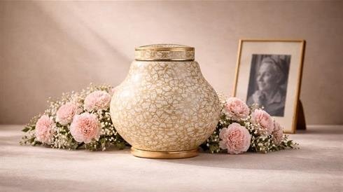 A urn with flowers and a picture frame