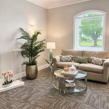 A living room with a couch and a plant