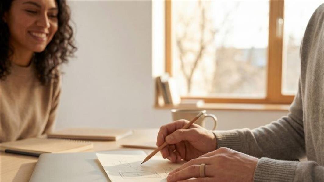 A man and woman sitting at a table writing on a piece of paper