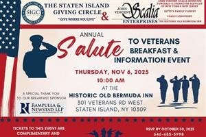 We are honored to join the Staten Island Giving Circle in hosting the Annual Salute to Veterans Breakfast & Information Event on Thursday, November 6, 2025 at 10:00 AM. The event will take place at the Historic Old Bermuda Inn, 301 Veterans Rd West, Staten Island, NY.
This complimentary breakfast is reserved for Veterans and will also provide valuable information and resources to those who have bravely served our country. Seating is limited, so please RSVP by October 30, 2025 by calling 646-685-3998 or ema