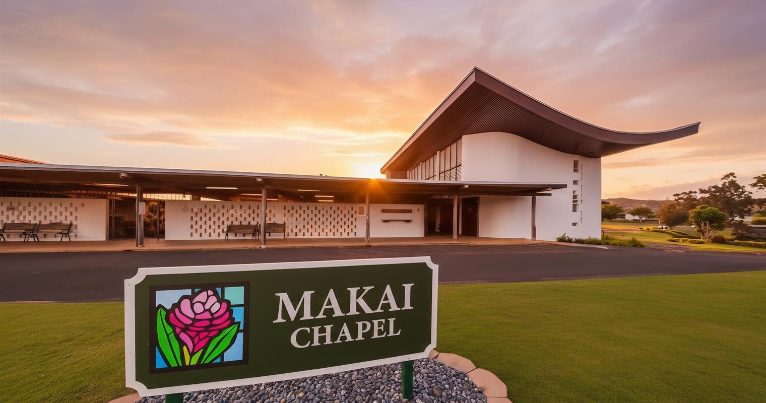 Sunset casts a warm glow over Makai Chapel, highlighting its unique design and serene setting.